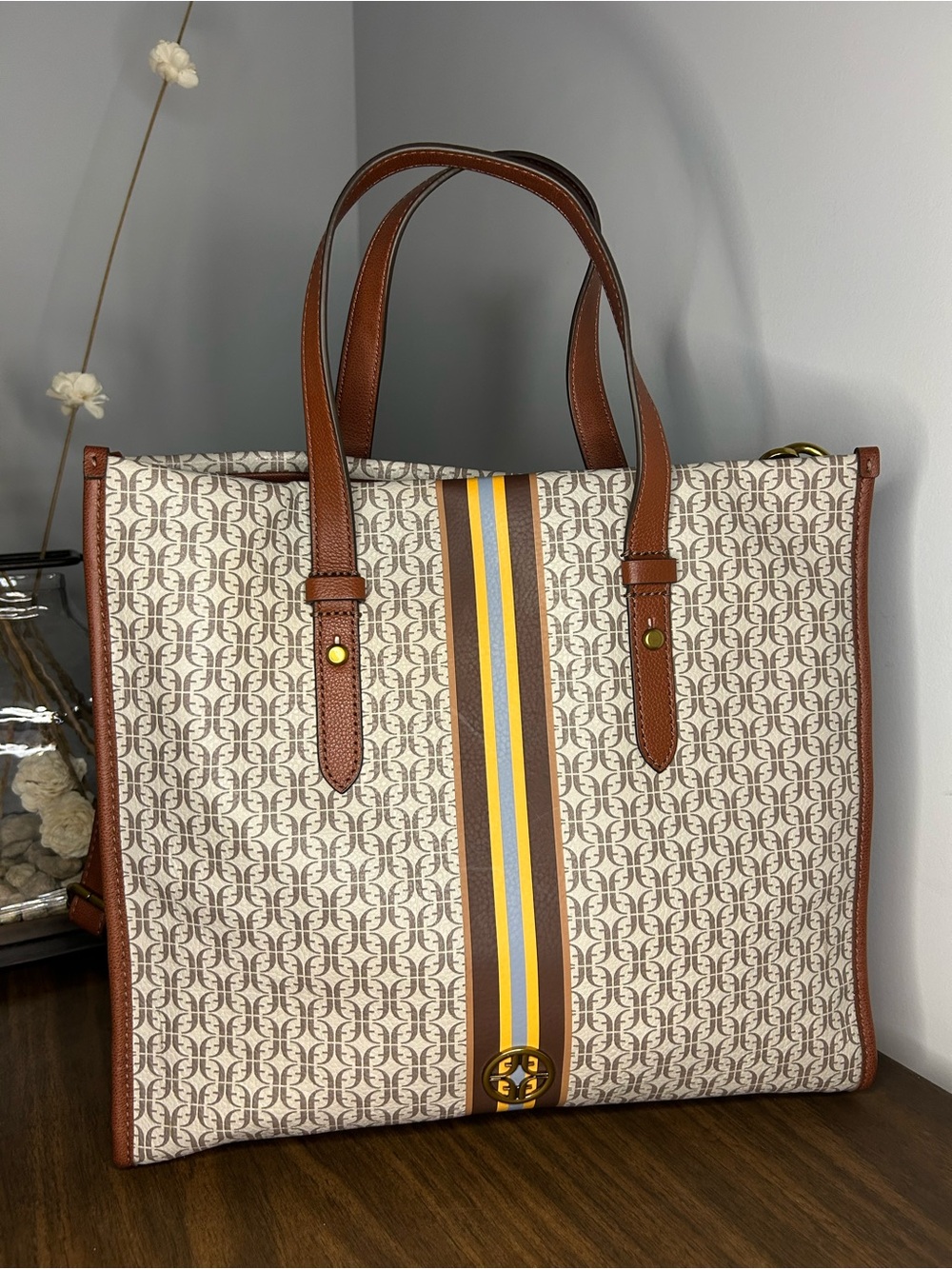 Fossil Monogram Canvas Tote with Brown Leather Trim and Yellow-Blue Stripe